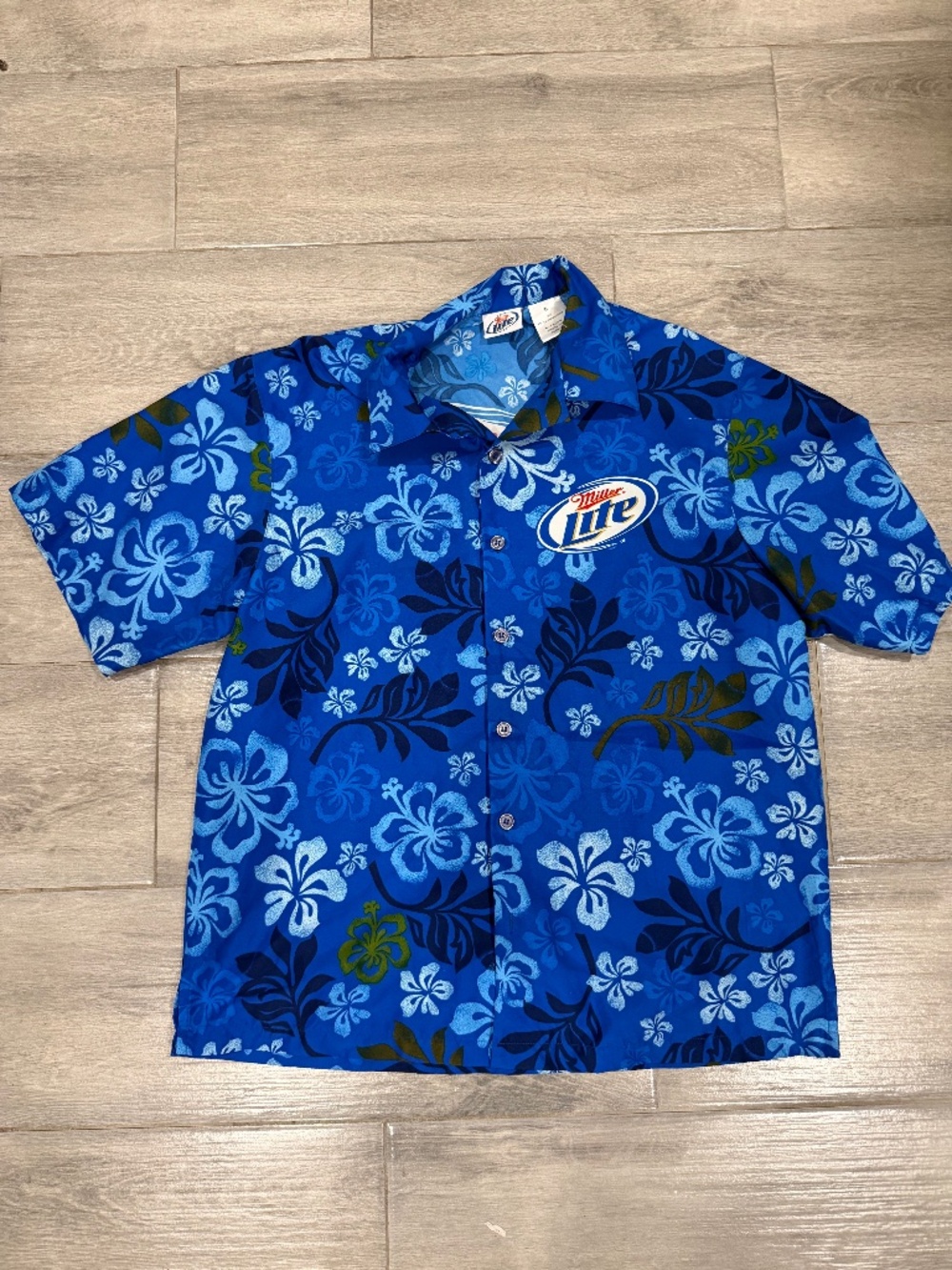 Miller Lite Blue Hawaiian Shirt Double Sided Tropical Floral Print Sz M